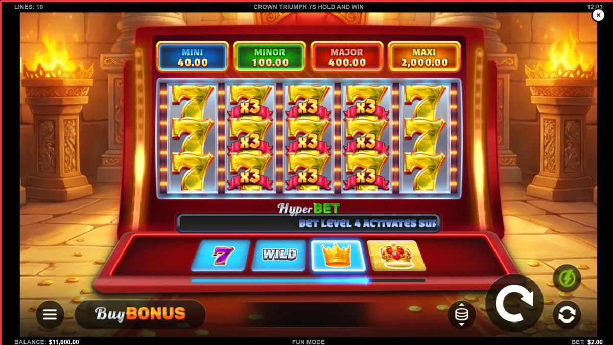 Interface luxuosa do slot Crown Triumph 7s Hold and Win com símbolos clássicos
