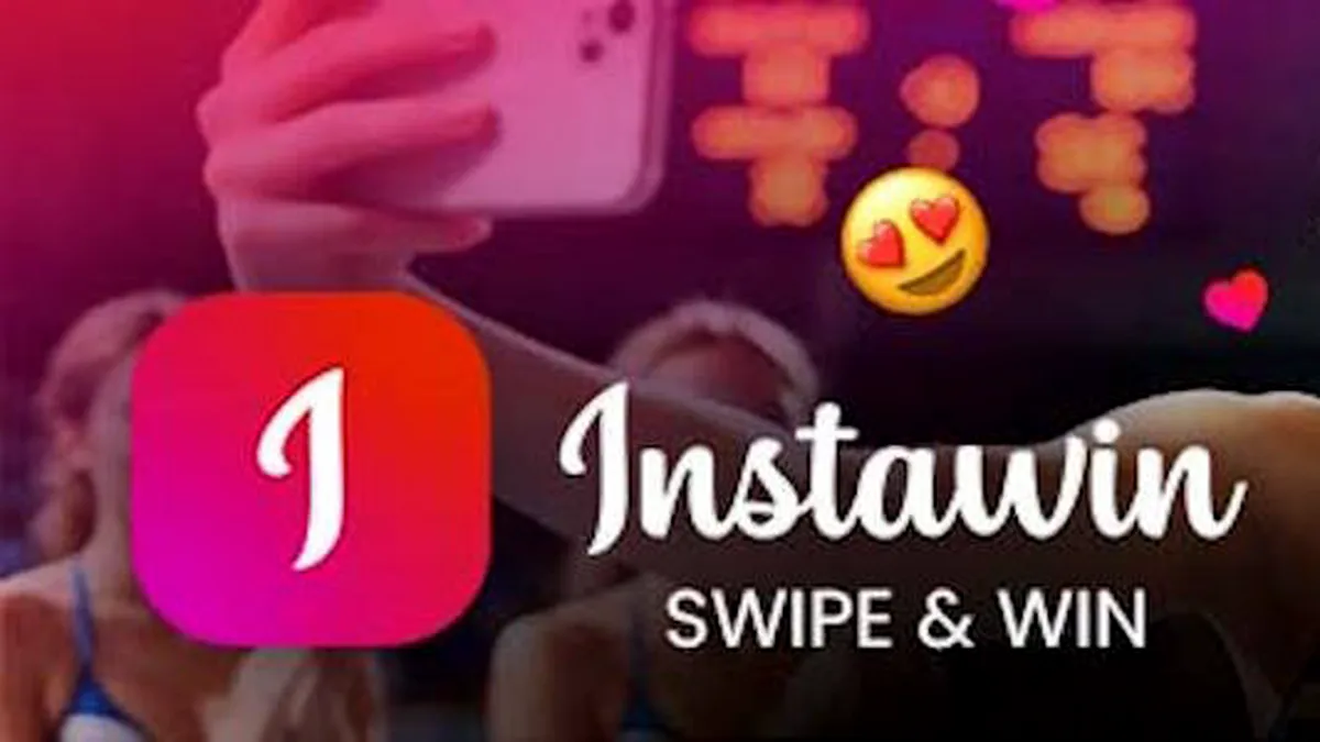 Interface do jogo Instawin mostrando o formato de cartão postal e o feed de deslize