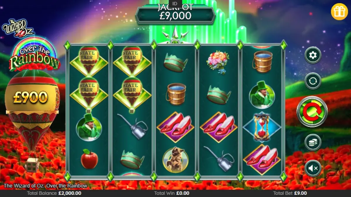 The Wizard of Oz: Over the Rainbow slot interface com elementos mágicos e personagens clássicos.