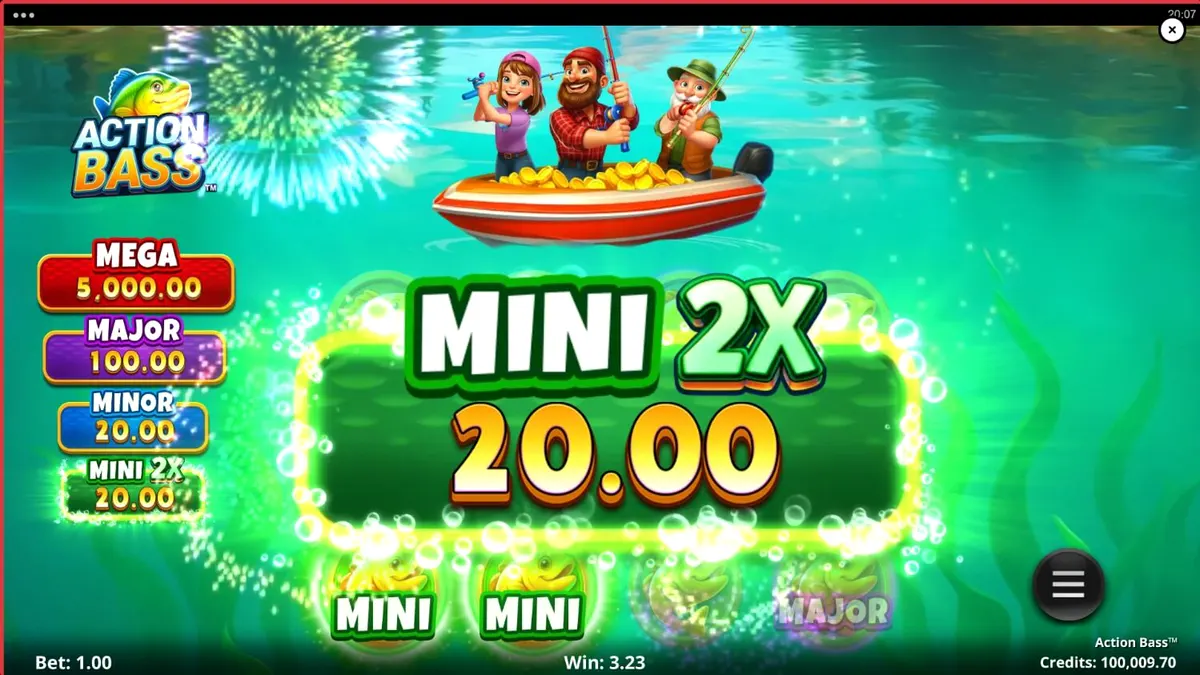 Interface do jogo de slot Action Bass com tema de pesca e natureza